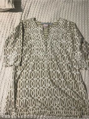 Gretchen Scott Designs tan & White Embroidered Geometric Tunic